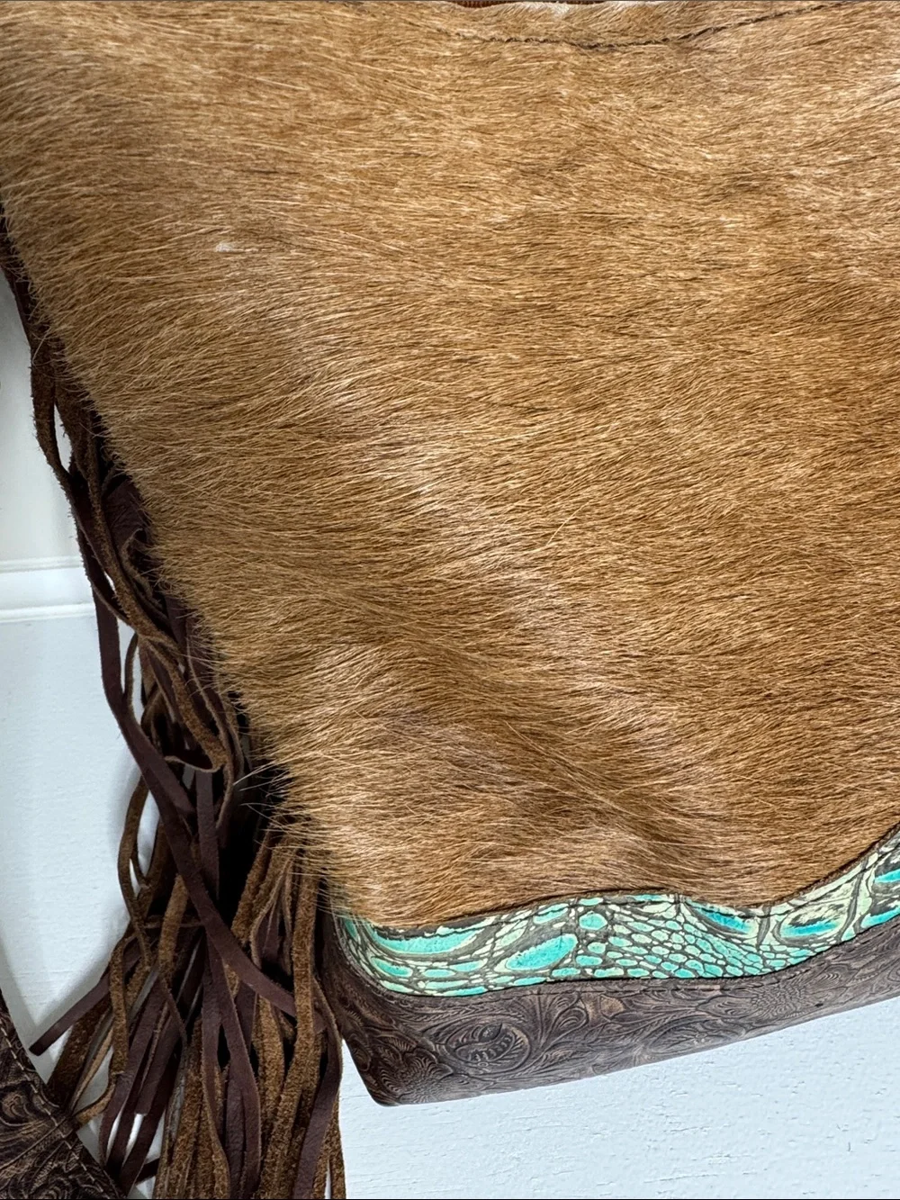 Brown and Tan Leather Fringe Hobo Bag with Turquoise Accent
